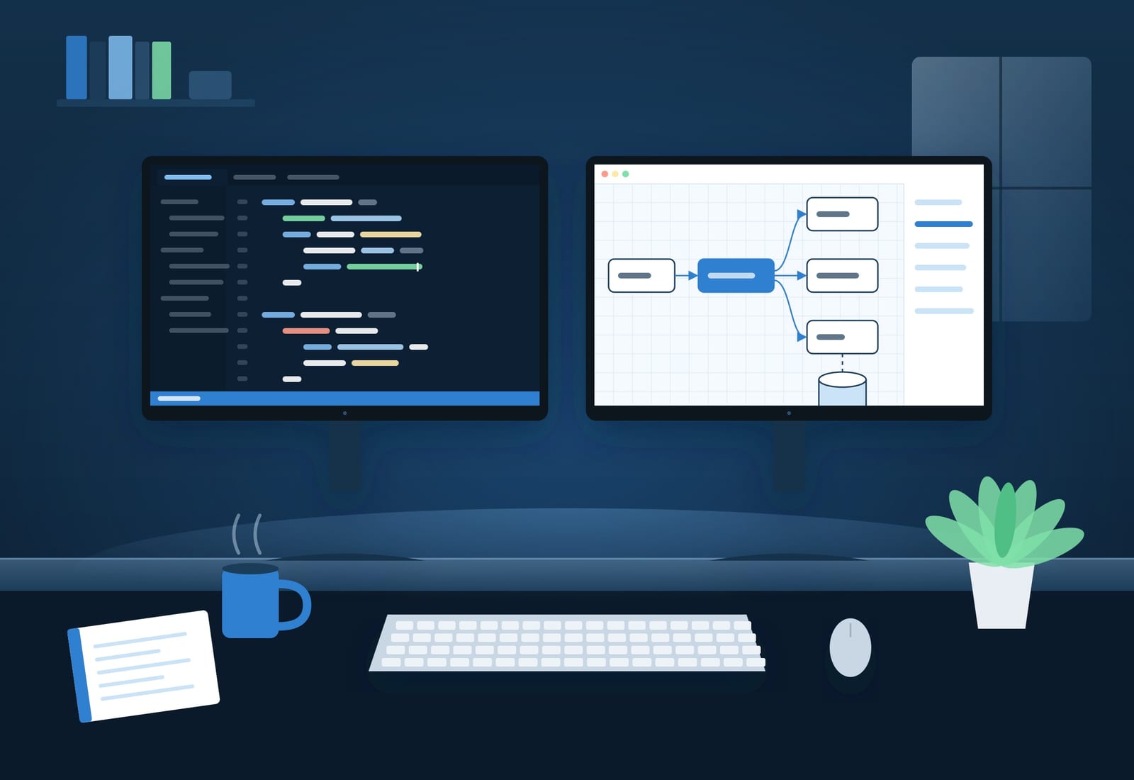 Illustration of an architect's desk: code on one monitor, a system architecture diagram on the other.